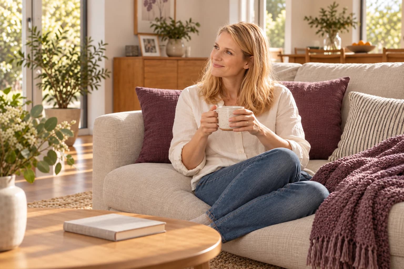 A woman enjoying a quiet cup of tea in a sunlit living room.
